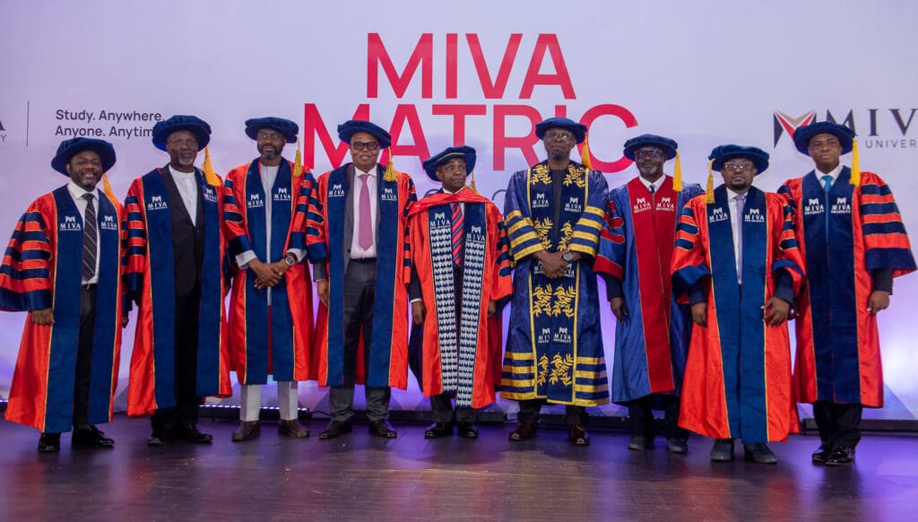 Shots from Miva Matric 2024 featuring (L-R): Obadaare Peter Adewale, founder and CVO, Digital Encode Limited, POTP; David Adejo Andrew, immediate past Permanent Secretary, Ministry of Education, POTP; Abubakar Suleiman; MD/CEO of Sterling Bank, POTP; Uyi Akpata, immediate past Country Senior Partner, PwC, POTP; Professor Yemi Osinbajo, SAN, GCON, Former Vice President of the Federal Republic of Nigeria; Sim Shagaya, Chancellor, Miva Open University, POTP; Professor Tayo Arulogun, Vice Chancellor, Miva Open University; Dr. Chukwudi Obinna Ekwueme, Chairman of UNICCON Group, POTP; and Iheanyi Akwitti, Registrar, Miva Open University at the second Miva Matriculation Nigeria's First Fully Online University in 2024.